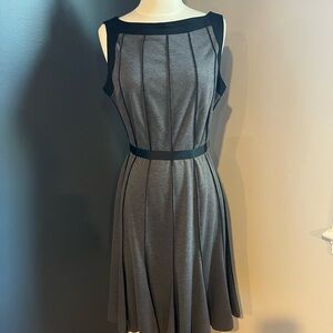 Sandra Darren Gray Fit & Flare Dress Sleeveless Belted Contrast Trim